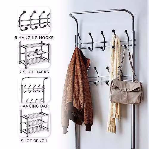 Direct Online Houseware House of Home Grey Metal Coat Stand with Shoe Rack and 18 Hooks – 3