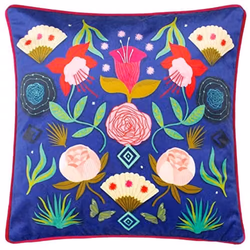 Riva Home Fiesta Folk Floral Velvet Cushion, Multicolour and Blue, W/D/H: 43 x 43 x 43 cm – 1