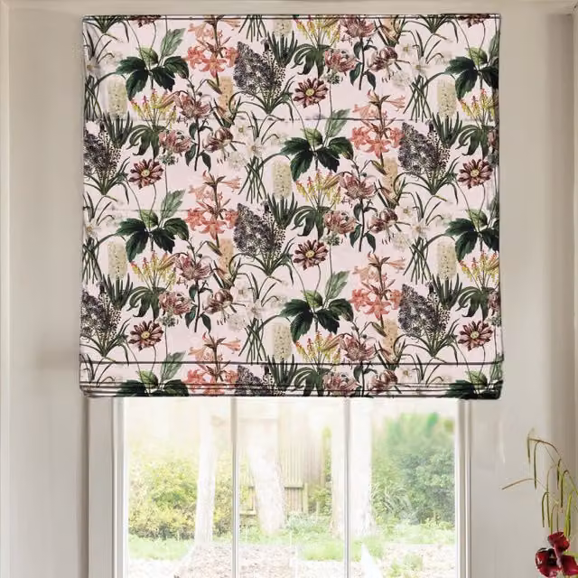 Linda Barker Grandi Floral Velvet Made To Measure Roman Blind in Champagne, Beige, Pink and Multicolour
