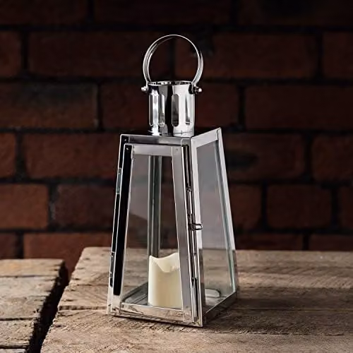 Lights4fun Trapeze Silver Stainless Steel Decorative LED Battery Operated Candle Lantern with Timer, Height: 21 cm – 3