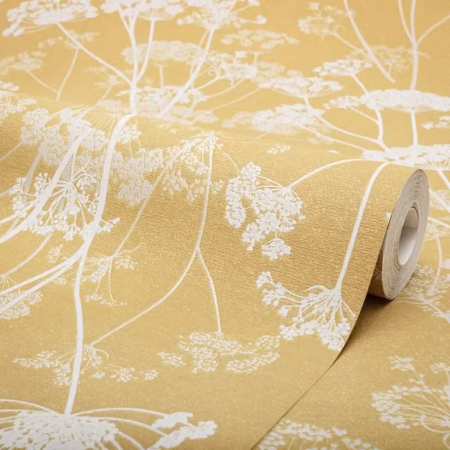 I Love Wallpaper Olivia Floral Metallic Glitter Mustard Wallpaper, Yellow, 10.05m roll
