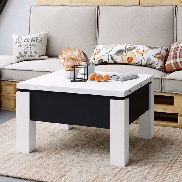 Heze Furniture Oslo 2 in 1 Extending Coffee Table, White and Black