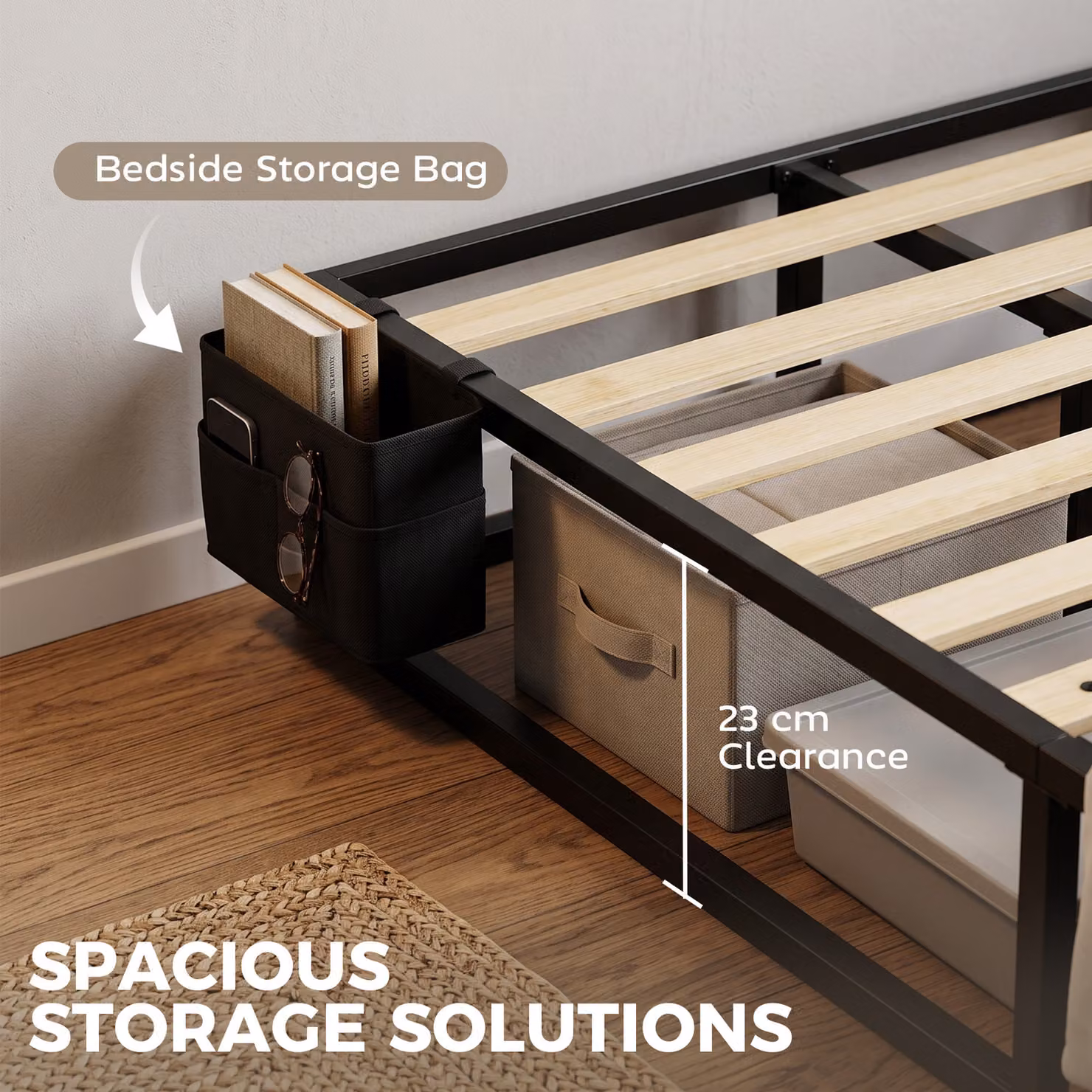 HOMCOM 3ft Single Metal Platform Bed Frame with 12 Slats and Side Storage Compartments, Black, W/D/H: 90 x 190 x 25 cm – 6