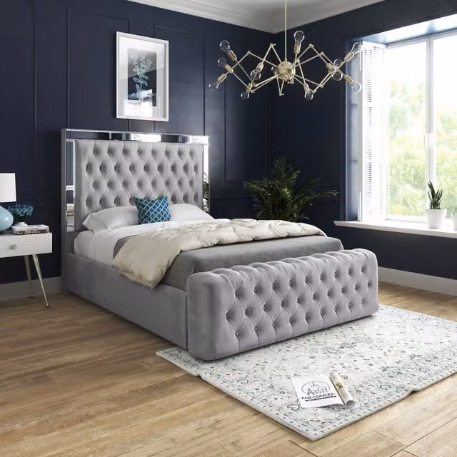 Casani Marino Mirror Upholstered Velvet Bed Frame in Grey, Super King, 200 x 200 cm – 1