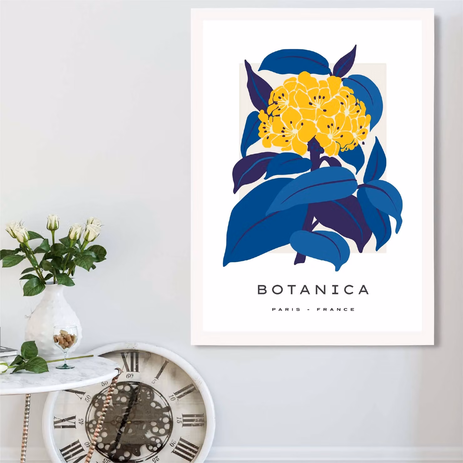ARTZE Abstract Yellow and Blue Hydrangea Flower Market Gallery Framed Print in White, A3 – 2