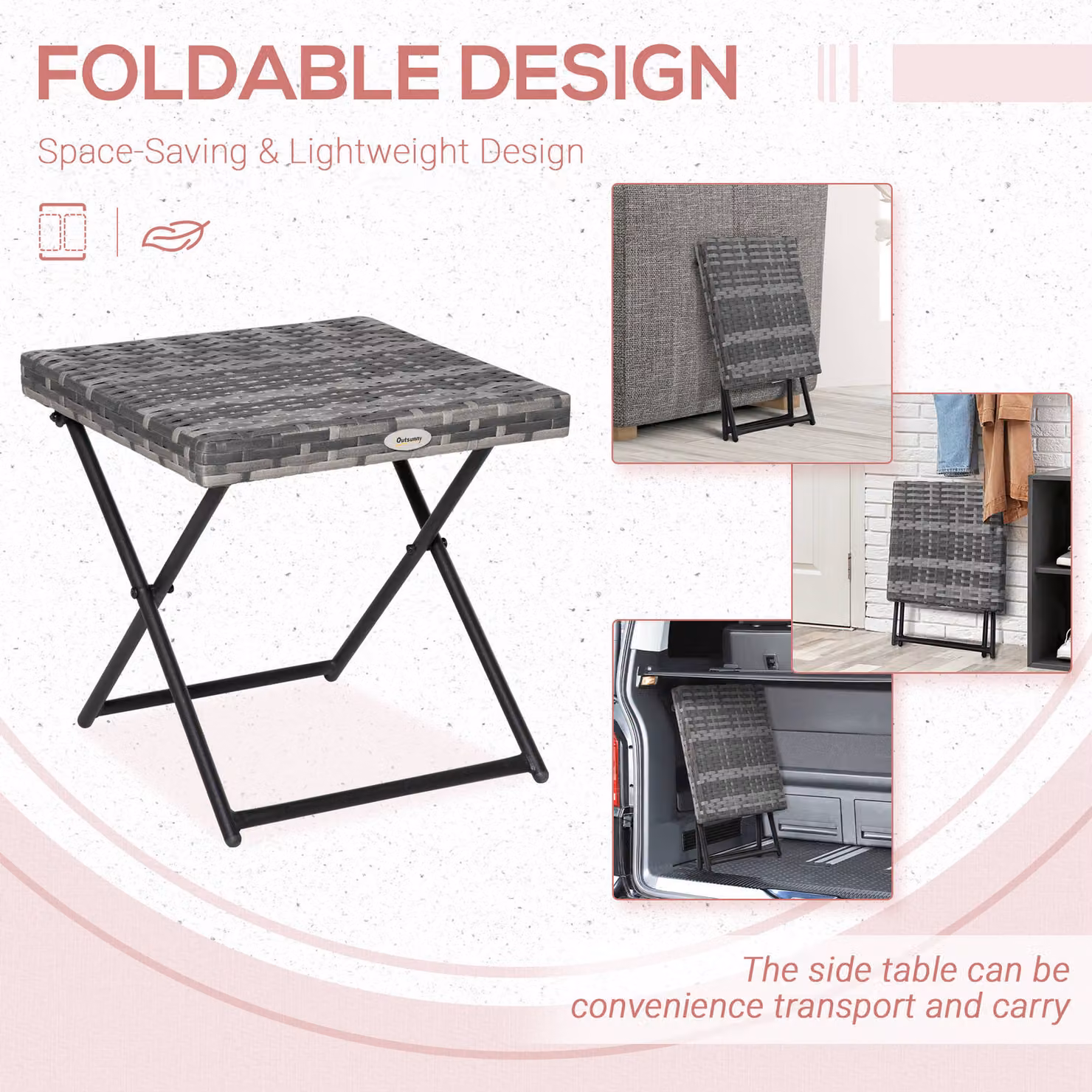 Outsunny Grey Rattan Folding Square Coffee Table for Garden and Balcony, W/D/H: 40 x 40 x 40 cm – 4