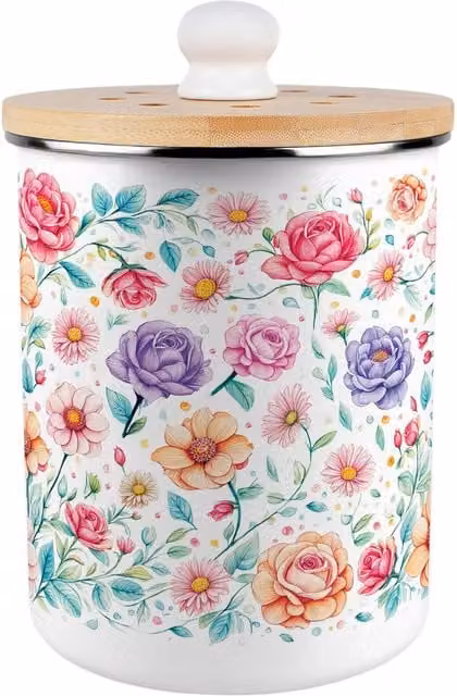 Purely Home Pink Floral Metal Food Waste Caddy with Removable Inner Bucket and Odour Filter, 2L