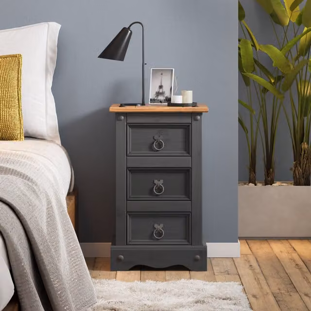 Mercers Furniture Corona 3 Drawer Narrow Bedside Cabinet in Rustic Waxed Pine, Anthracite