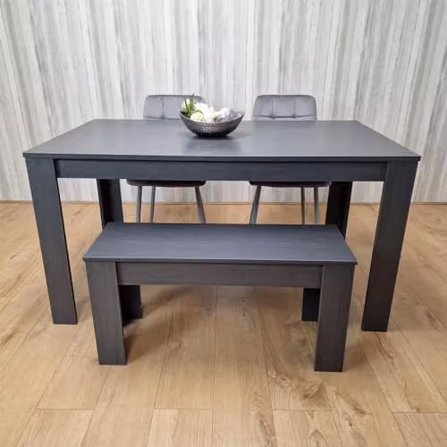 KOSY KOALA Dining Table Set with 2 Grey Velvet Chairs and 1 Wooden Bench, Dark Oak Effect, W/D/H: 117 x 77 x 75 cm – 1