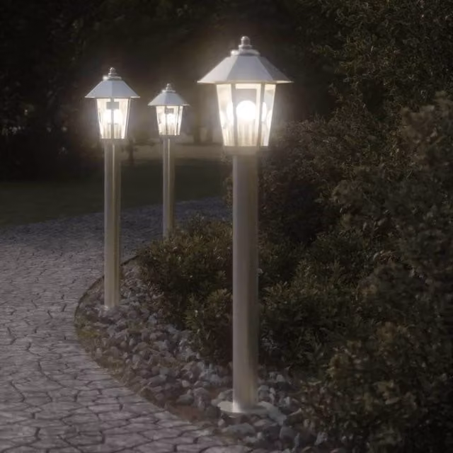 Berkfield Home Set of 3 Silver Stainless Steel Outdoor Floor Lantern Lamps, Height: 80 cm – 1