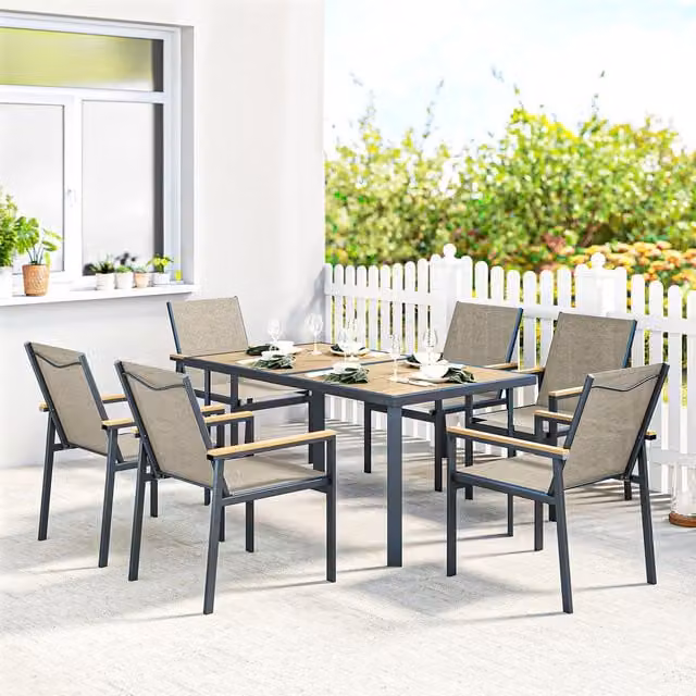 Outsunny Modern Garden Dining Set with Table and 4 Chairs in Khaki Mesh Fabric and Steel Frame