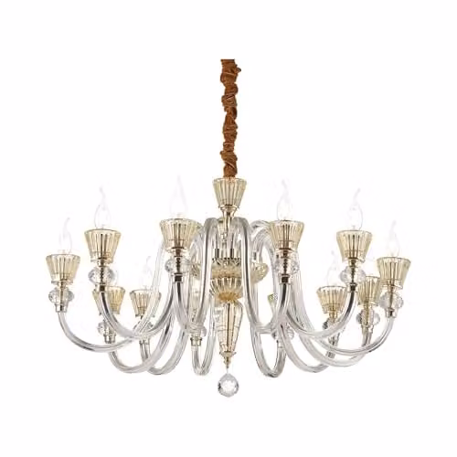 Netlighting Strauss 12 Light Chandelier in Gold and Brass with Transparent Glass and Crystal Details, E14