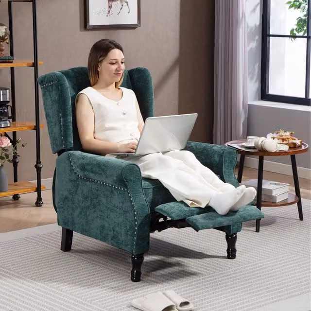 HOMCOM Dark Green Velvet Wingback Recliner Armchair with Button Tufted Back