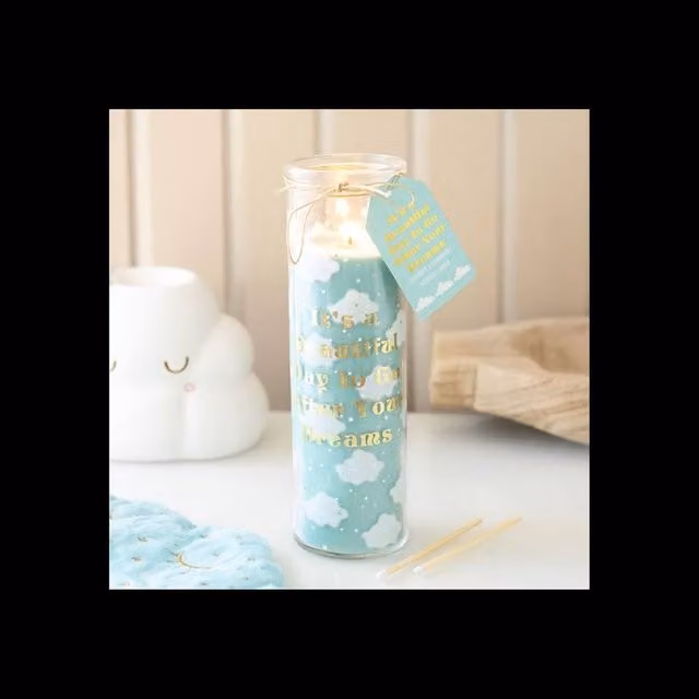 KDMD Cloud Print Lavender Chamomile Tube Candle Set in Aqua with Gold and Blue Details, 55 Hour Burn Time