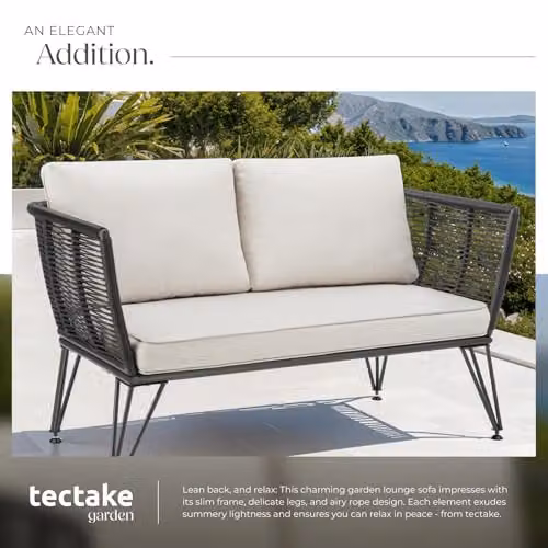 tectake 2 Seater Garden Sofa in Black Polyrattan with Rope Design and Removable Cushions – 4