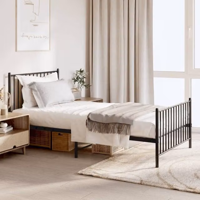 Berkfield Home Metal Bed Frame with Headboard and Footboard in Black, W/D/H: 100 x 190 cm
