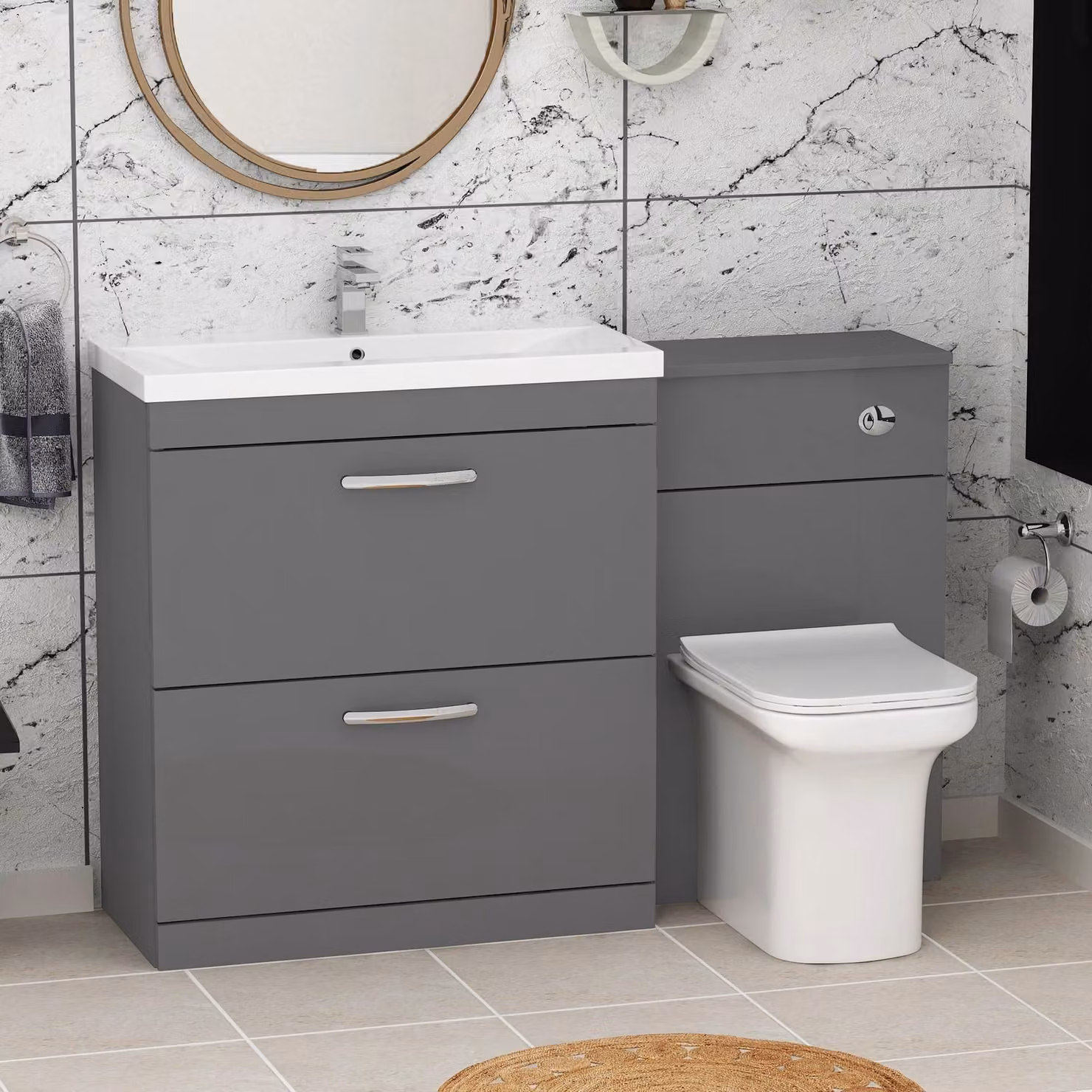 Royal Bathrooms Turin 1300mm Indigo Grey Gloss 2-Drawer Mid-Edge Basin and Crosby Back to Wall Toilet Pack