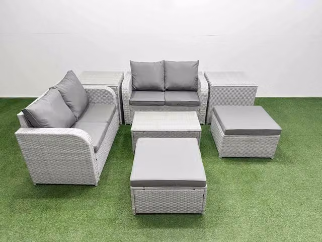 Fimous 6 Seater Rattan Garden Furniture Set in Light Grey with L-Shape Sofa, Coffee Table, 2 Ottomans and 2 Side Tables