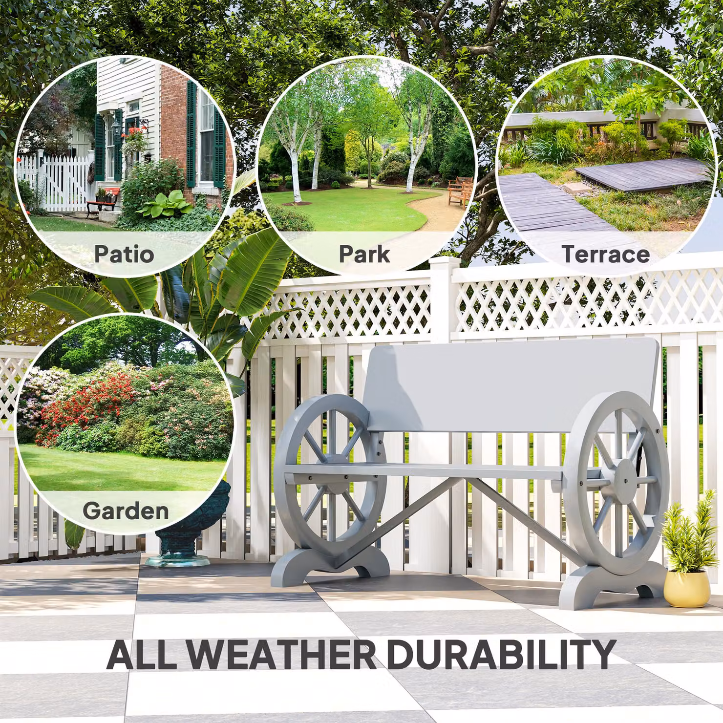 Outsunny Grey Fir Wood 2-Seater Outdoor Garden Wagon Wheel Bench with Armrests – 6