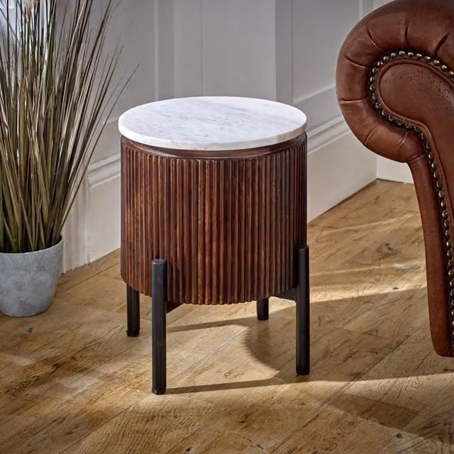 IH Design Tilden Mango Wood Side Table with White Marble Top and Metal Legs, W/D/H: 35 x 35 x 45 cm
