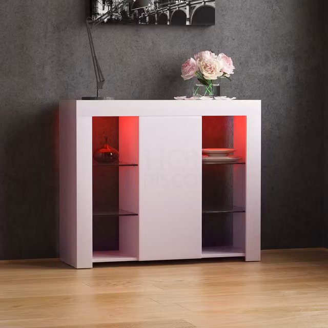 Vida Designs Azura 1 Door LED Sideboard in White with Glass and Integrated Lighting, Width: 98 cm