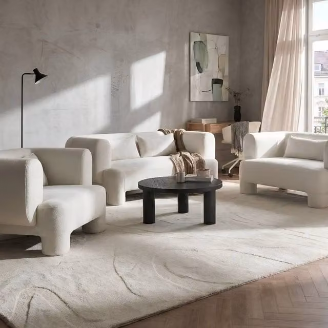 Wyld and Coco 3-Piece White Fabric Sofa Set Including 2-Seater Sofa, Loveseat and Armchair