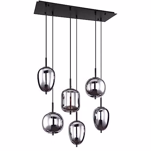 Globo Lighting Blacky Bar Pendant Light with 6 Smoke Grey Glass Shades and Black Metal Finish, W/D/H: 120 x 34 x 34 cm – 1