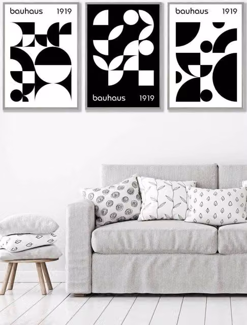 ARTZE Set of 3 Bauhaus Abstract Geometric Wall Art in Black, White and Grey with Light Grey Frames, W: 45 cm, H: 62 cm, D: 2 cm