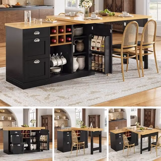 BTM Extendable Sideboard Dining Table with Wine Rack and Storage Drawers in Black