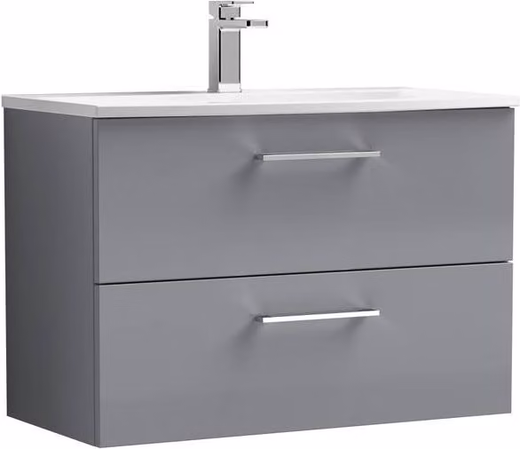 Balterley Grey Glossy Wall Hung Bathroom Vanity Unit with 2 Soft Close Drawers and Basin, Width: 80 cm