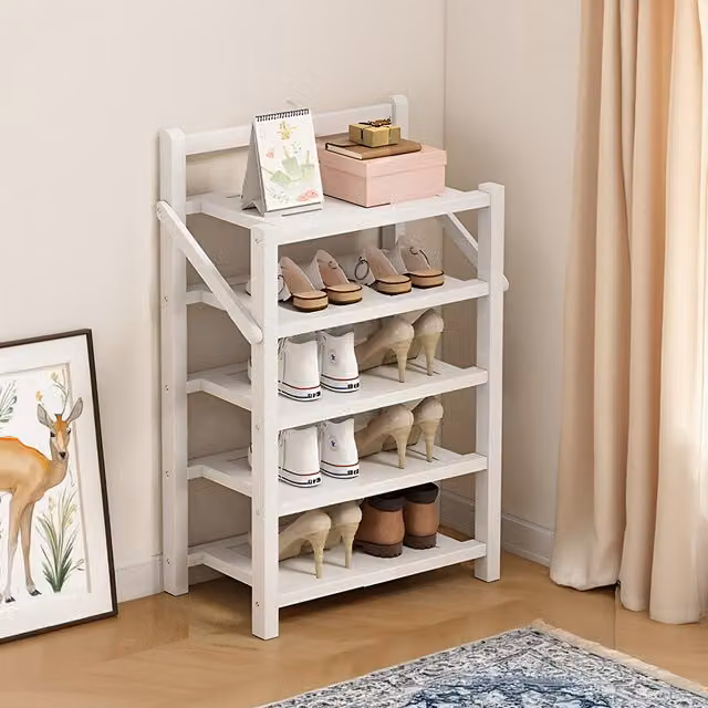 Livingandhome 5-Tier Foldable Bamboo Shoe Rack in White