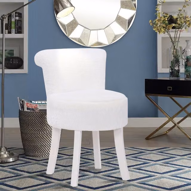 Livingandhome White Plush Dressing Stool with Upholstered Rubberwood Frame