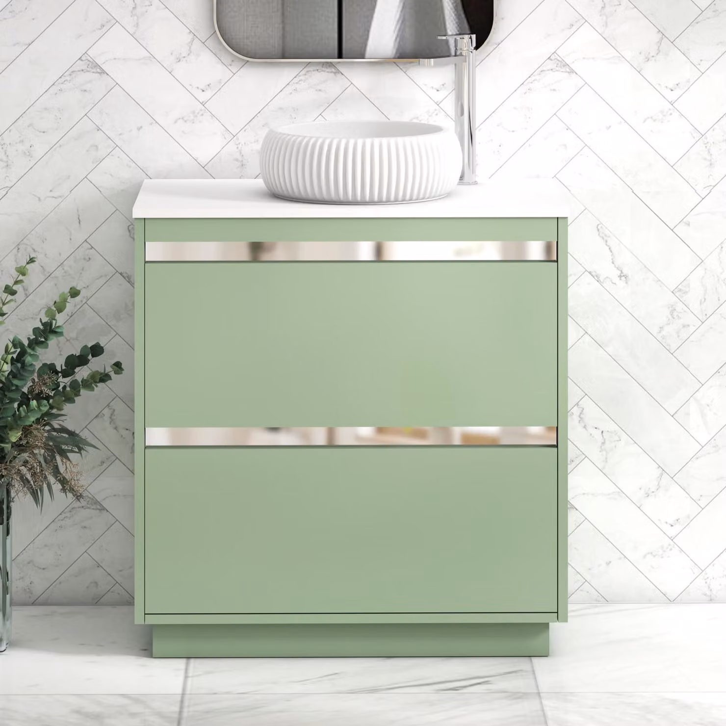 Royal Bathrooms Orion 800mm Mint Sage Floor Standing 2 Drawer Vanity Unit with Milan Basin and Chrome Accent Trim
