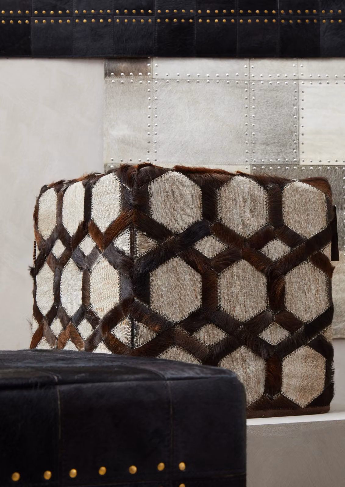 Orsina Safira Grey Leather and Fabric Patchwork Cube Pouffe – 2