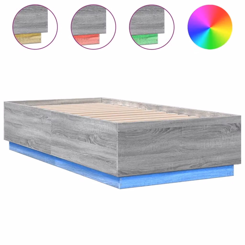 Berkfield Home Small Single Bed Frame in Grey Sonoma with LED Under-Bed Lighting and USB Charging Port, W: 75 cm, L: 190 cm – 2