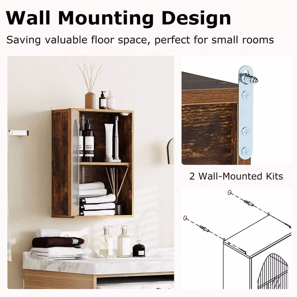 Kelvenix Brown Rustic Wall Mounted Bathroom Medicine Cabinet with Glass Doors and Mirror – 4