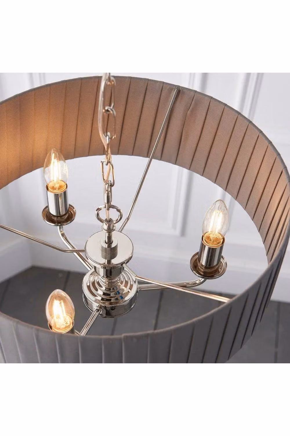 Netlighting Highclere Single Shade Pendant Light in Grey Fabric with Silver Metal Finish – 3