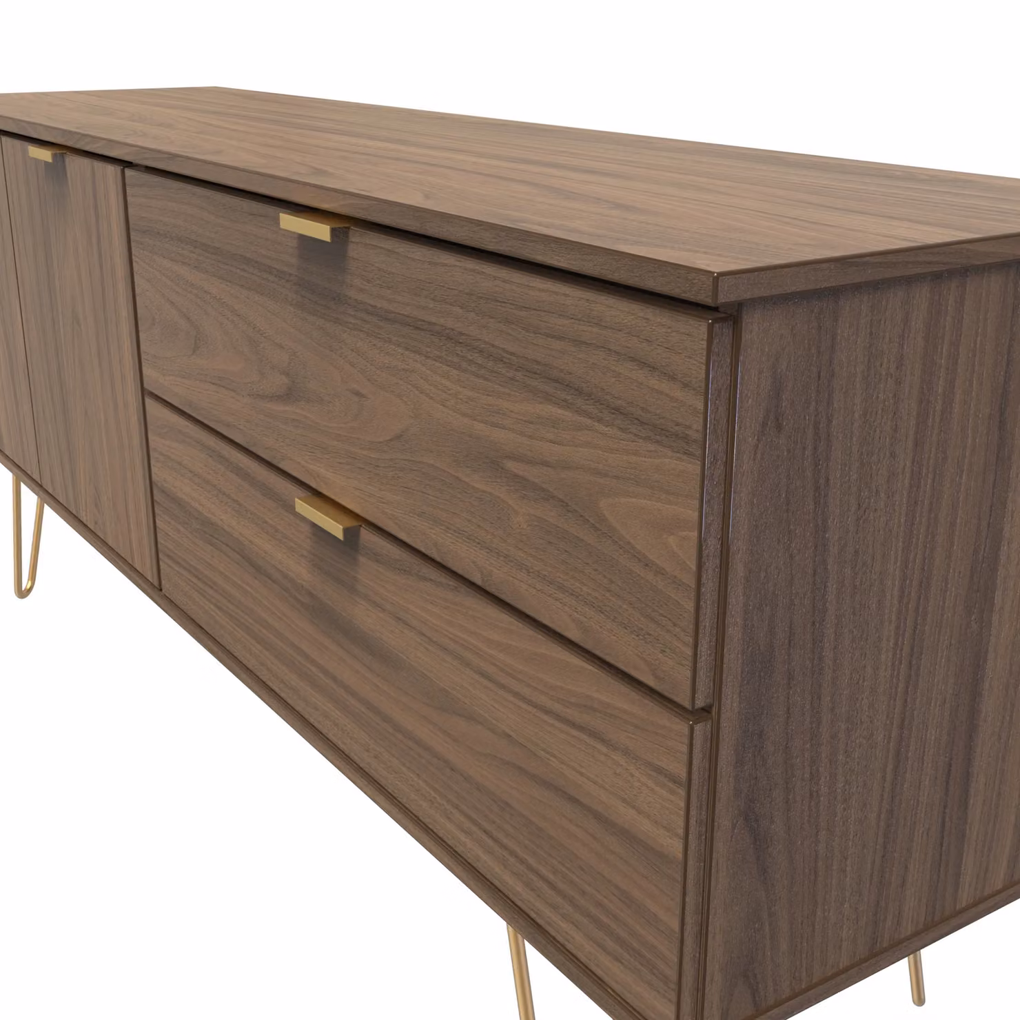 Ready Assembled 2 U Fuji Wide Sideboard in Walnut with 2 Doors, 2 Soft Close Drawers and Gold Accents – 2