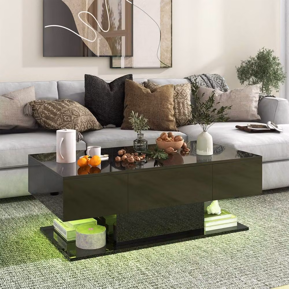 Gymax Modern High Glossy 2-Tier Rectangular Coffee Table with LED Lights in Black – 5