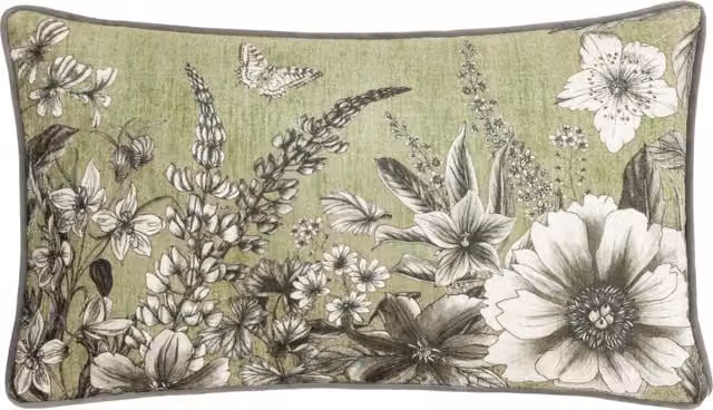 Harlington Gardenia Floral Rectangular Velvet Cushion in Green