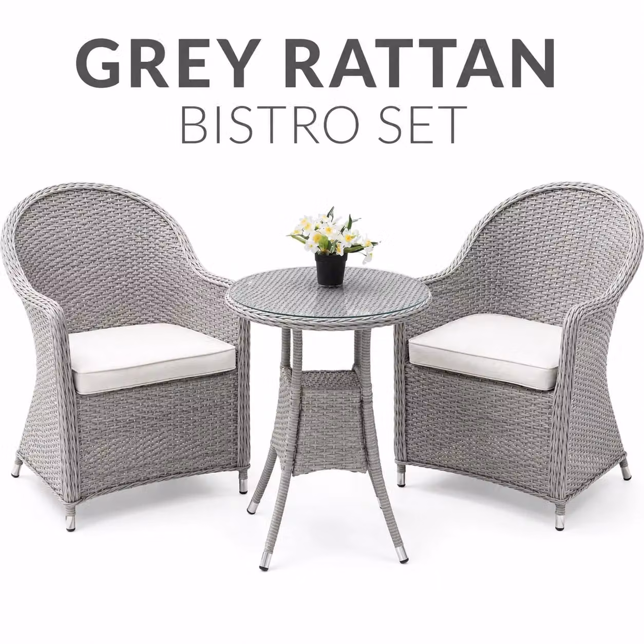 Shatchi Sorrento 3-Piece Rattan Bistro Garden Dining Set with Round Glass Table and 2 Chairs in Beige and Sand – 2