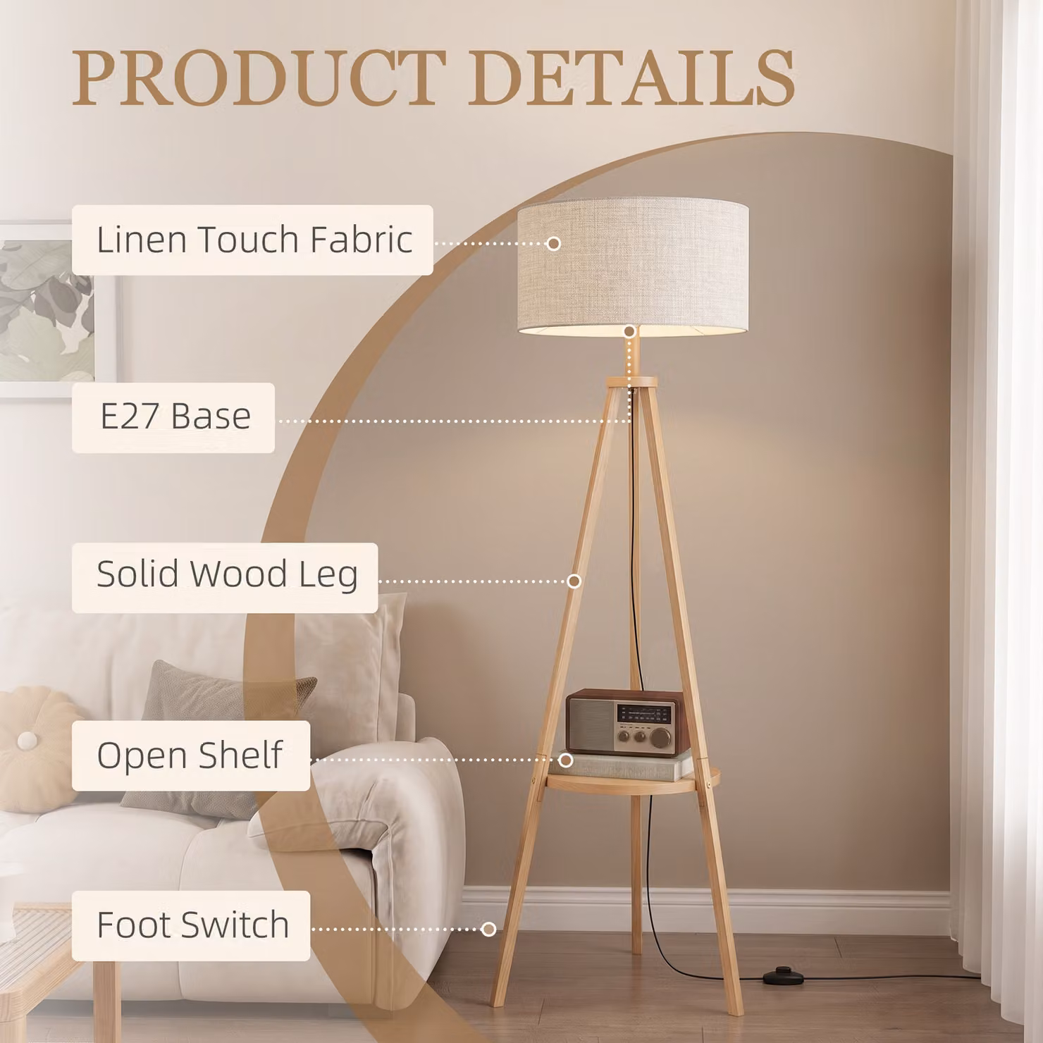 HOMCOM Tripod Floor Lamp with Storage Shelf and Beige Linen Shade, Natural Wood Colour, Height: 160 cm – 3