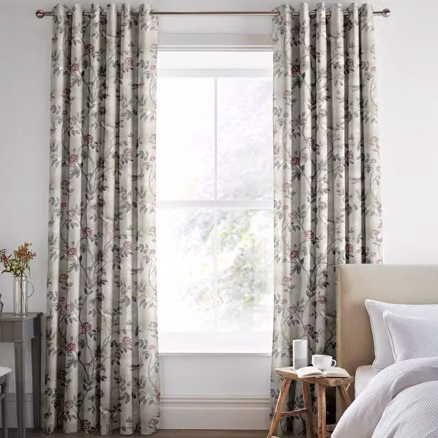 Laura Ashley Eglantine Made to Measure Blackout Floral Eyelet Curtain in White Sands