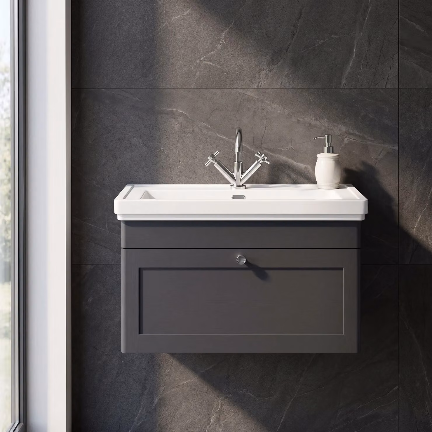 Balterley Wall Hung 1-Drawer Bathroom Vanity Unit and Fireclay Basin, Grey, Width: 80 cm – 6