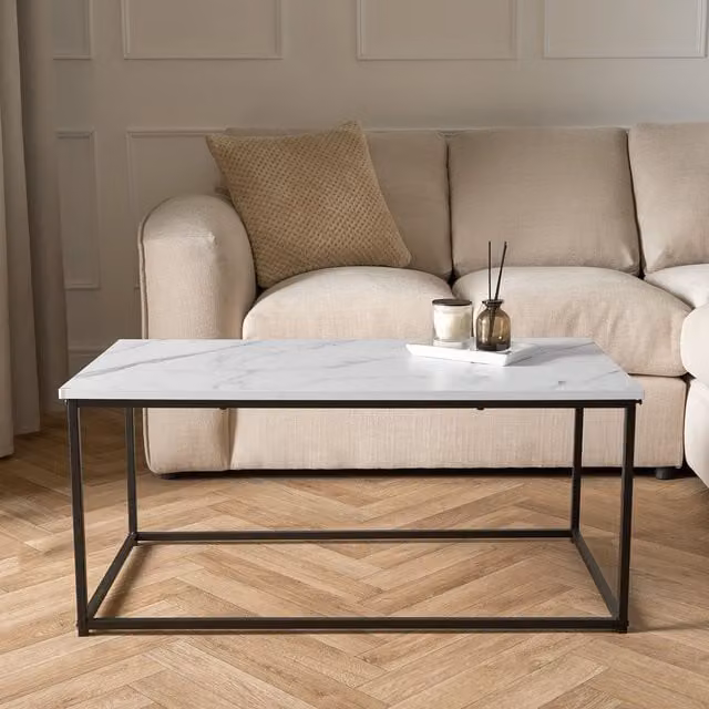 OHS Manhattan White Marble Coffee Table with Metal Frame