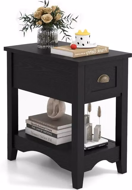 Gymax Retro Side Table and Nightstand with 1 Drawer and Solid Wood Legs in Black