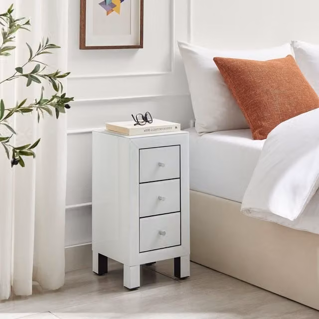 FurnitureboxUK Lexi Small Slimline 3 Drawer Wooden Bedside Table with Modern Mirrored Finish in White
