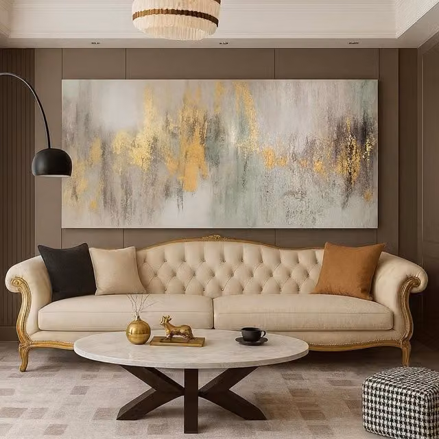 Mafett Gilded Reflections Modern Abstract Canvas Wall Art in Gold, Grey and White, W: 152.4 cm, H: 81.3 cm