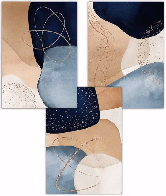 ARTZE Set of 3 Modern Abstract Geometric Art Posters in Blue, Beige and Gold, W: 30 cm, H: 42 cm