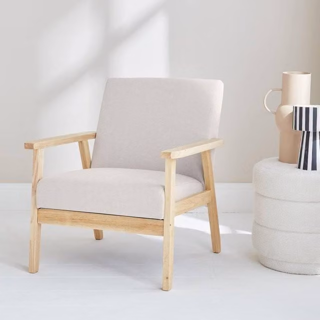 sweeek Scandi-style Beige Fabric Upholstered Armchair with Wood Frame